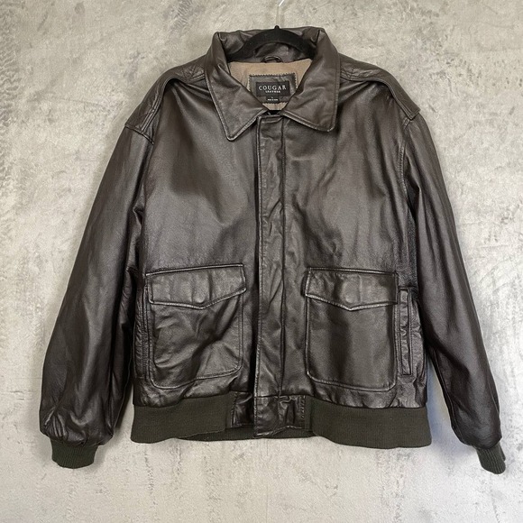 Cougar Other - Men's Black Leather Bomber Flight Aviator Jacket Large